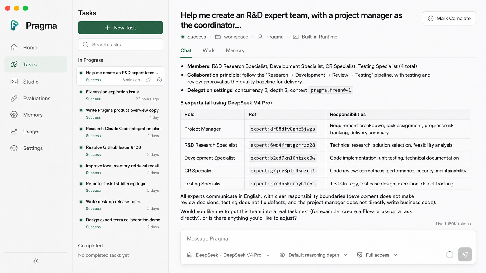 Pragma Desktop running a multi-expert mission