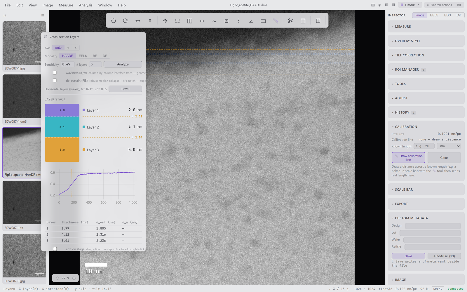 Cross-section Layers workshop — layer-stack band diagram with calibrated thickness table