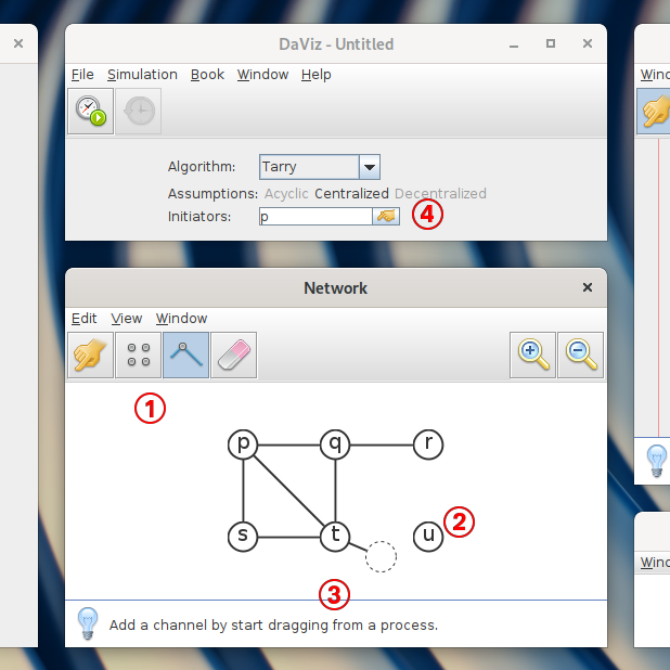 A network window displaying a channel being added, with numbers 1 to 4