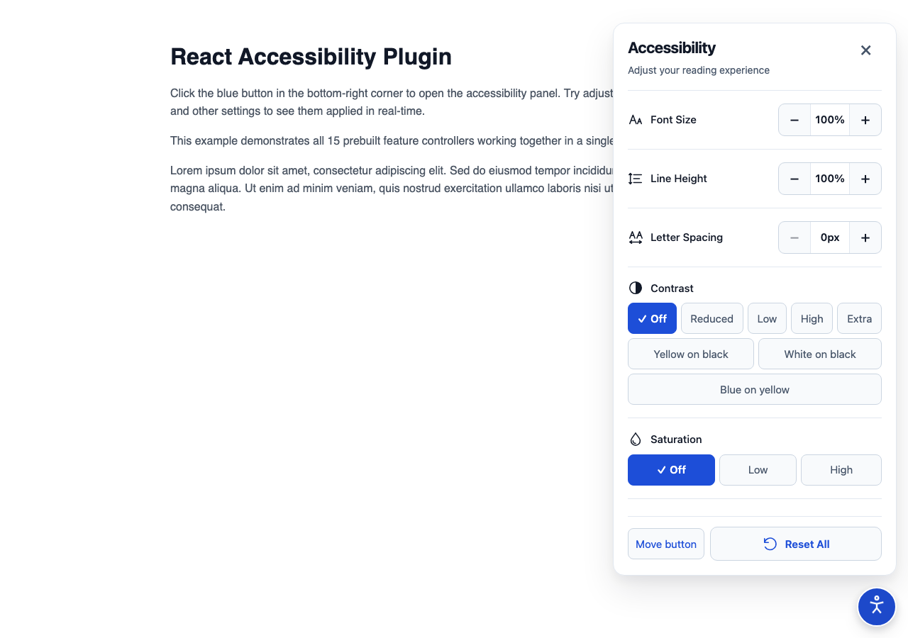 Clean light accessibility panel with remembered placement and fixed quick actions
