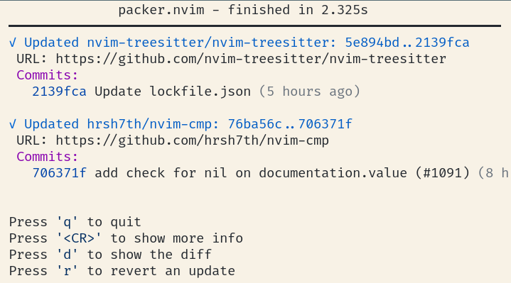 Neovim Packer - packages updated report