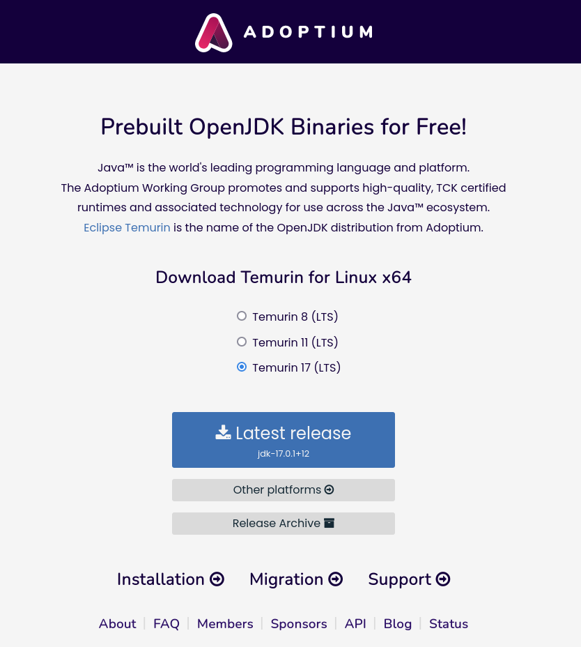 Adoptium Prebuilt OpenJDK Binaries - web page