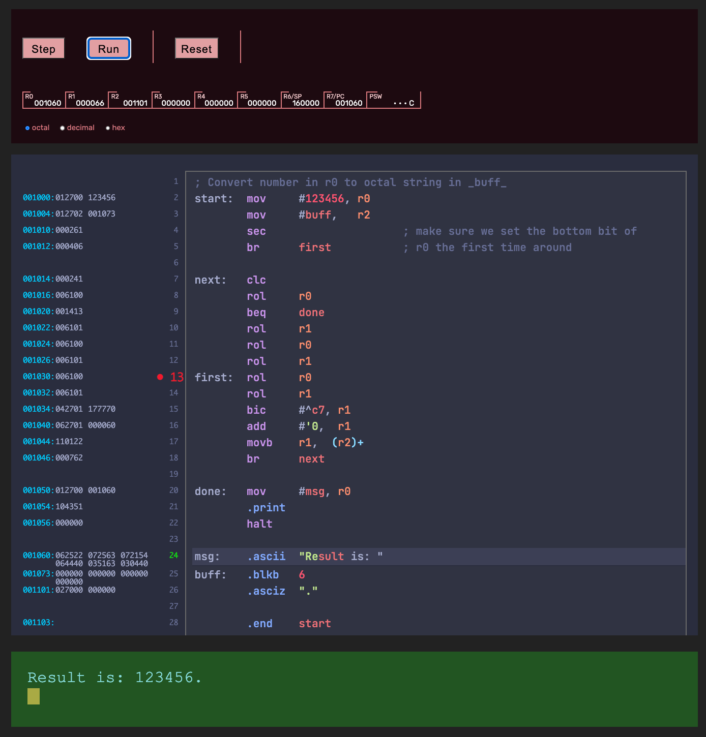 Example of the playground
in use, showing the machine state, the code (both source and assembled binary),
and the console output.