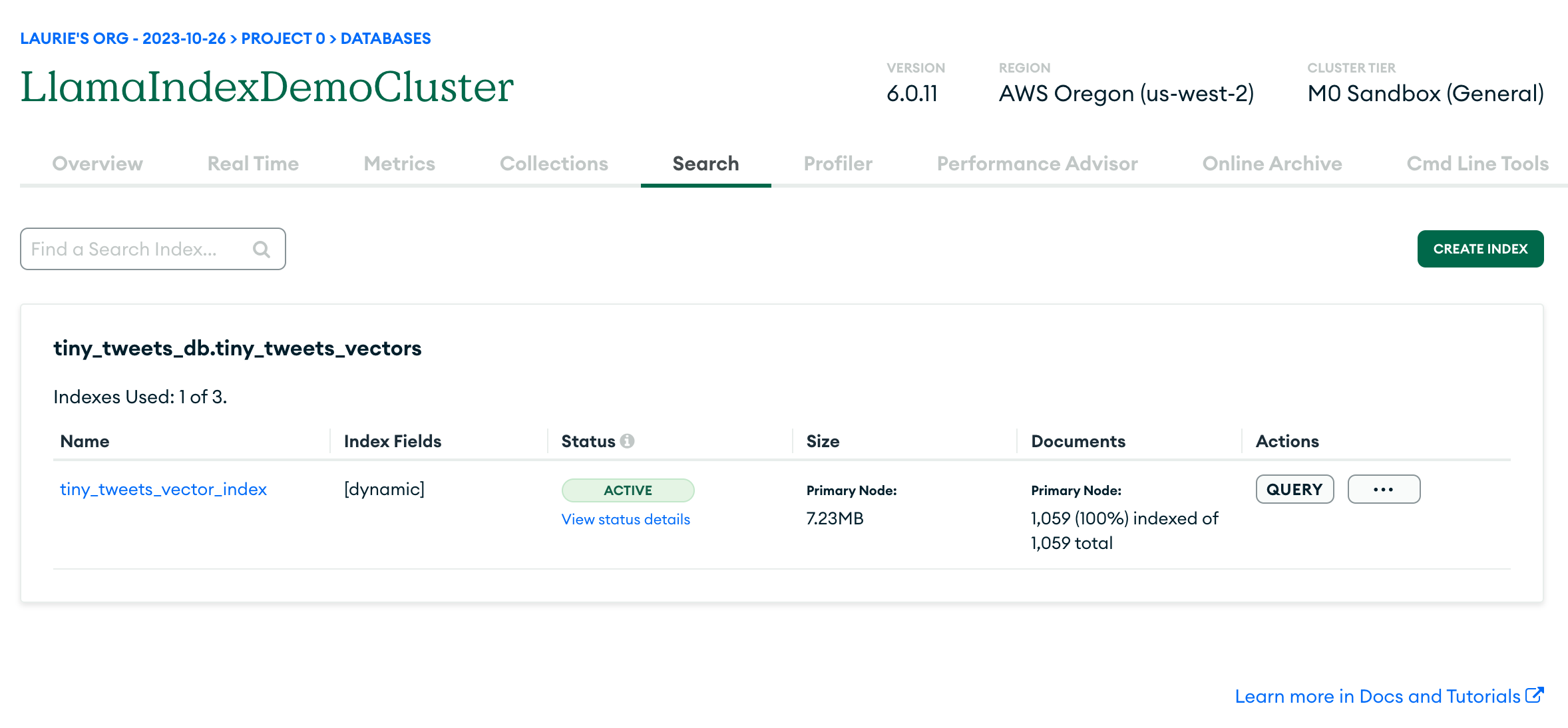 MongoDB Atlas index created