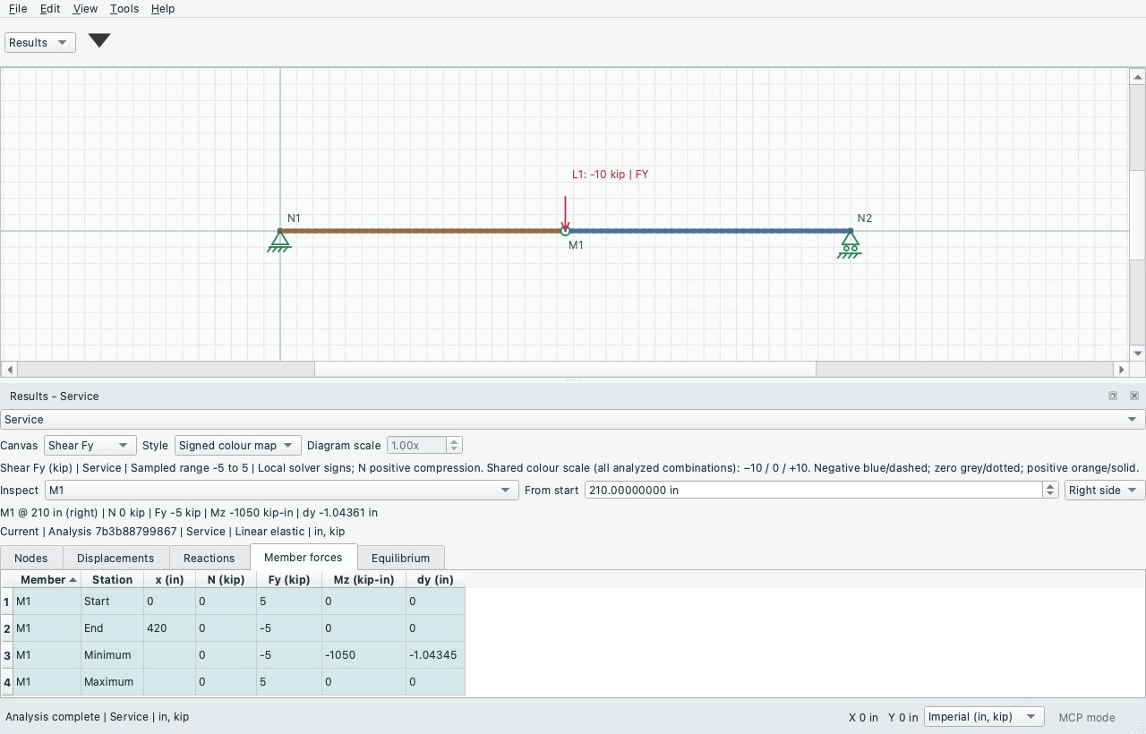 Native results workspace showing a signed shear map and exact member values
