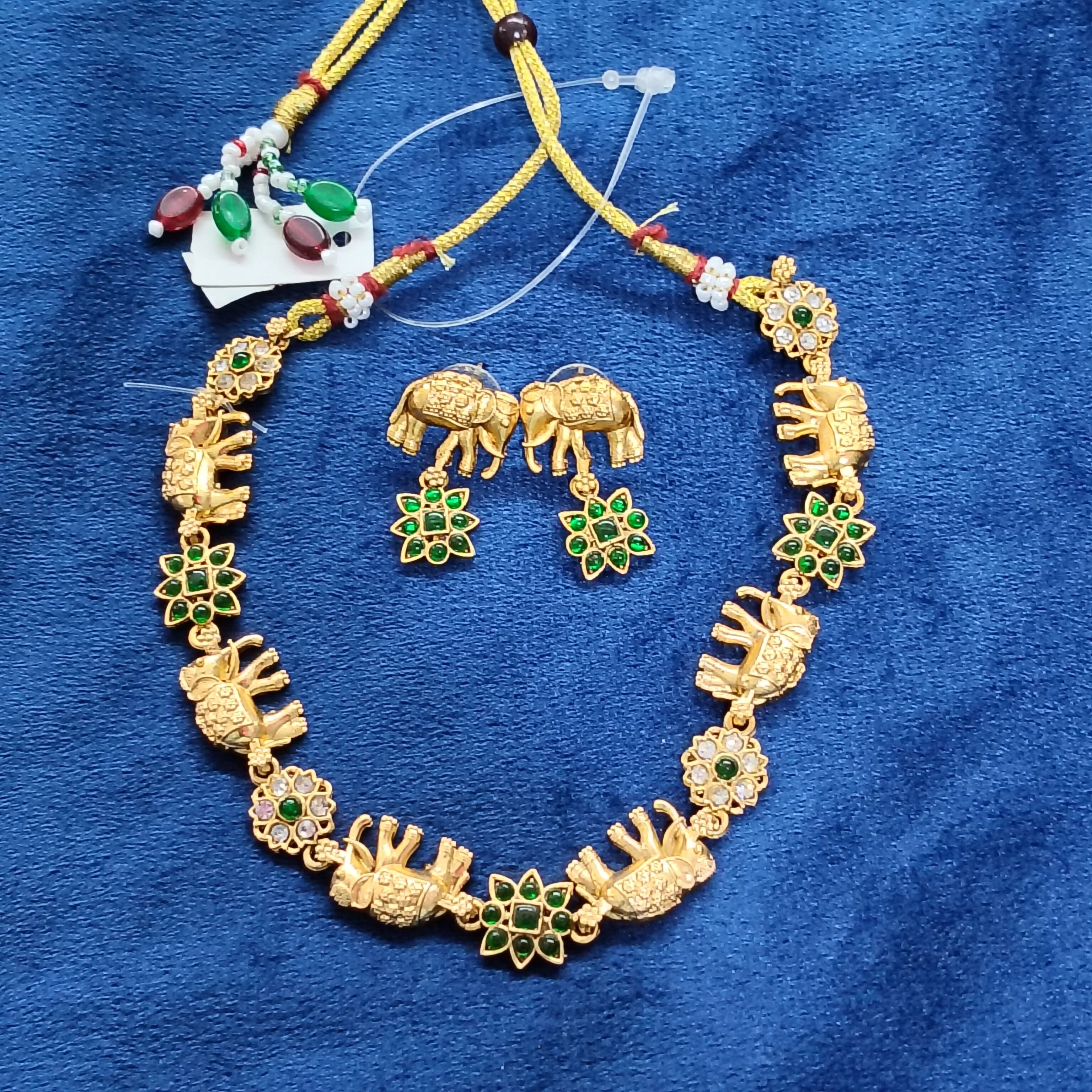 Lakshmi elephant with green stone short neckset
