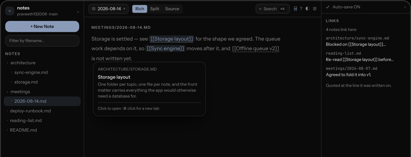 Hovering a wikilink shows a preview card; backlinks in the side panel