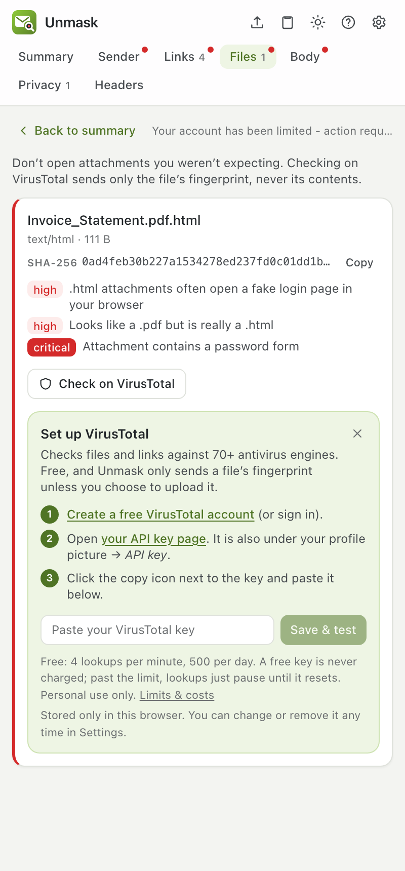 VirusTotal setup steps in the panel