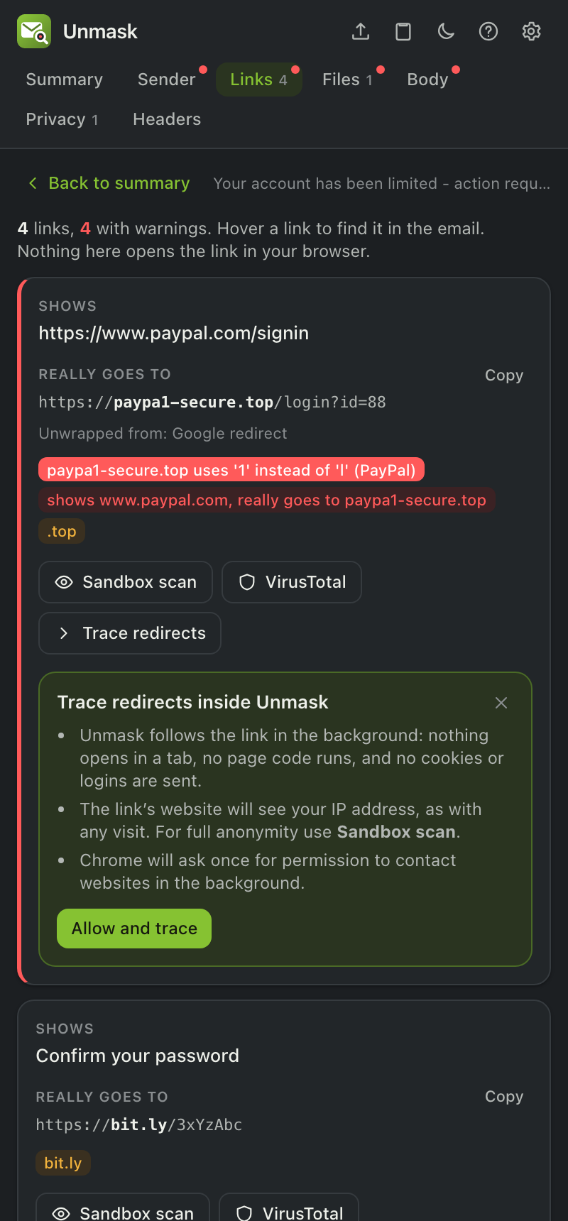Trace redirects explainer card
