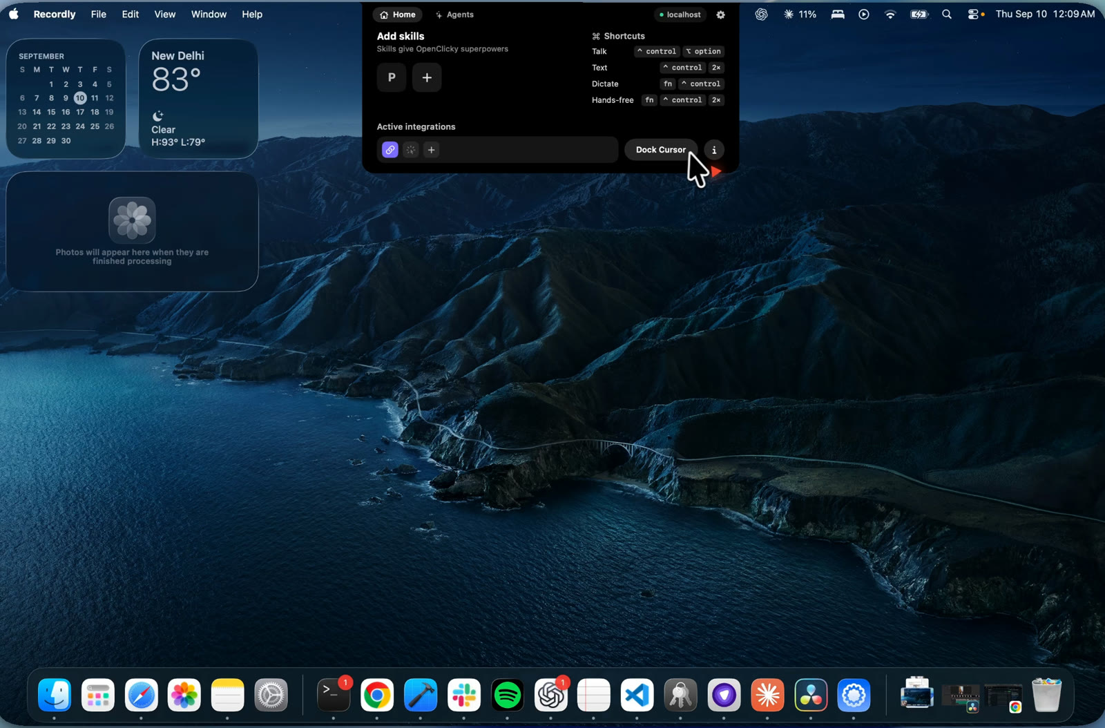 The notch HUD showing the skills row, the four shortcuts, and active integrations