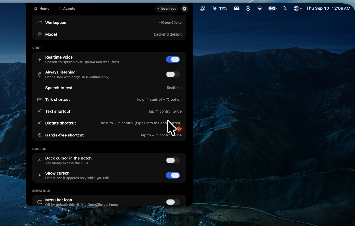 OpenClicky settings: realtime voice, always listening, the four shortcuts, and cursor options
