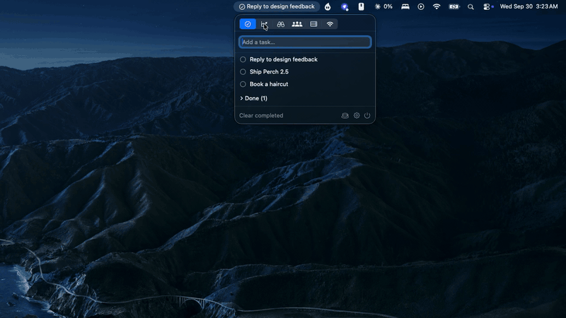 Switching between the Analytics, Market, Busy, Server and Internet tabs, with the menu bar item changing to match