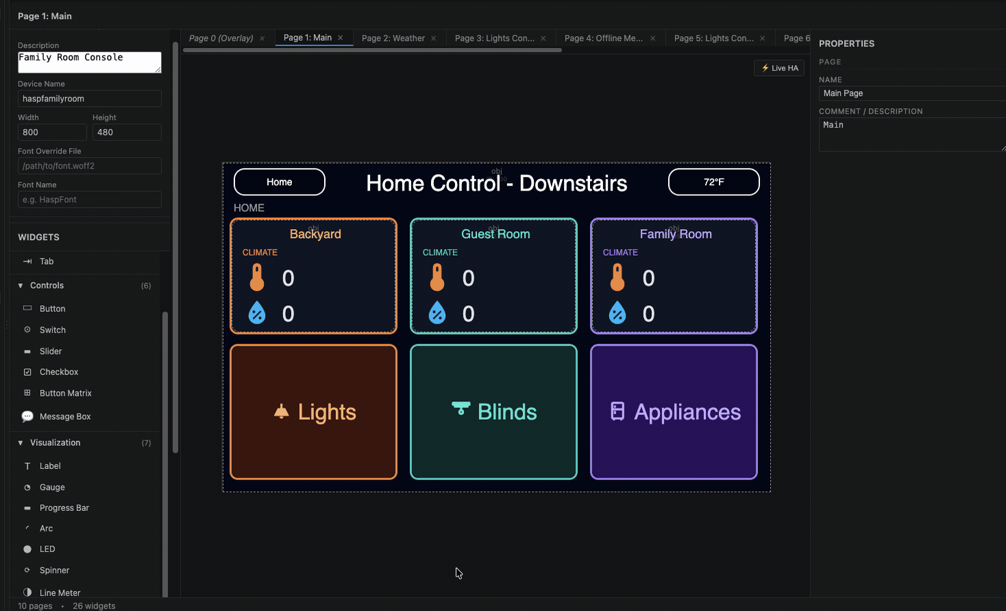 Bound widgets showing live entity values on the canvas