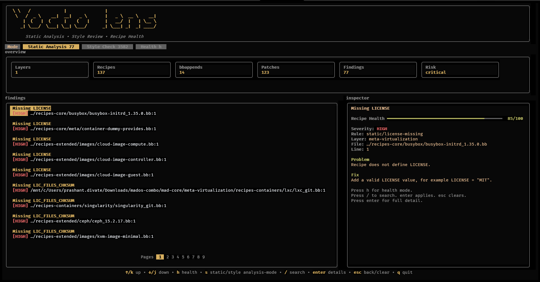 Yocto Lens Interactive Terminal UI Displaying Lint Findings