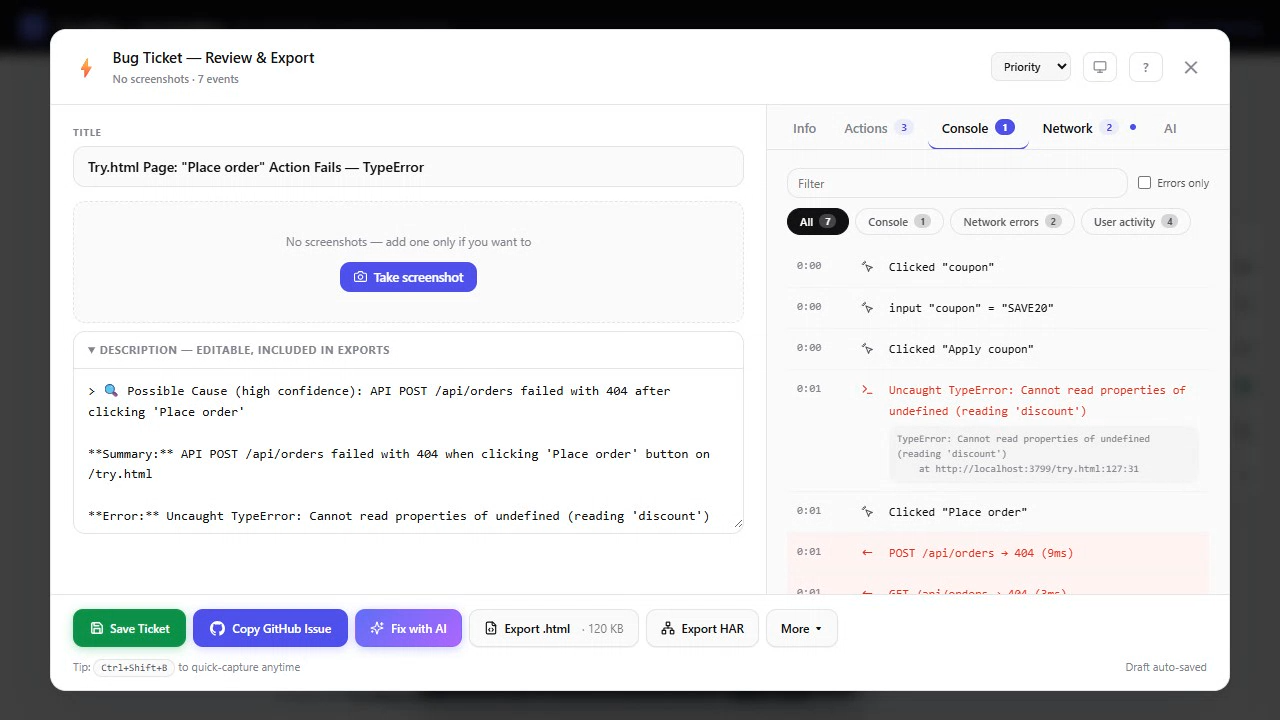 TraceBug 15-second demo — a crash happens, TraceBug catches it live, one click builds the ticket