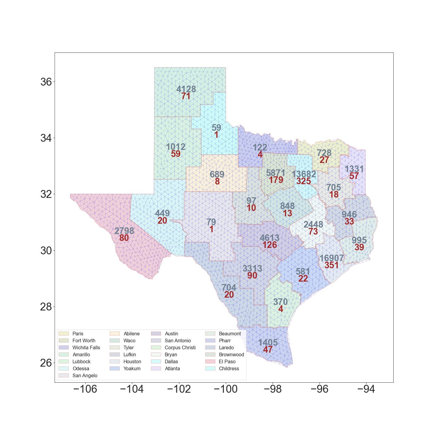 Number of infected and deceased cases in Texas districts on June 1, 2020