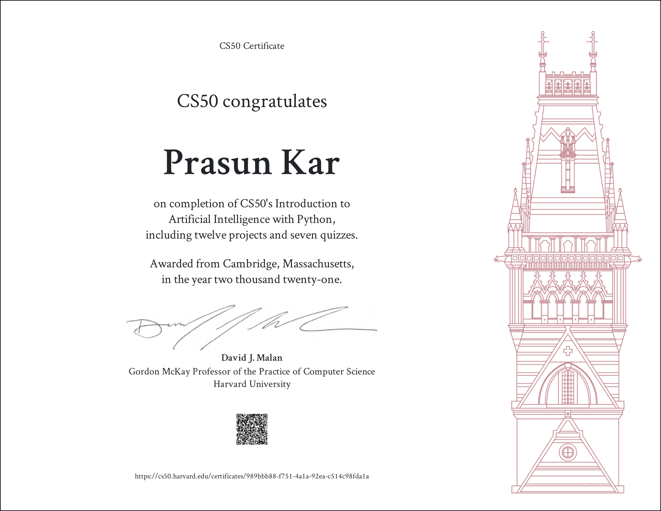 CS50AI certificate awarded to Prasun Kar