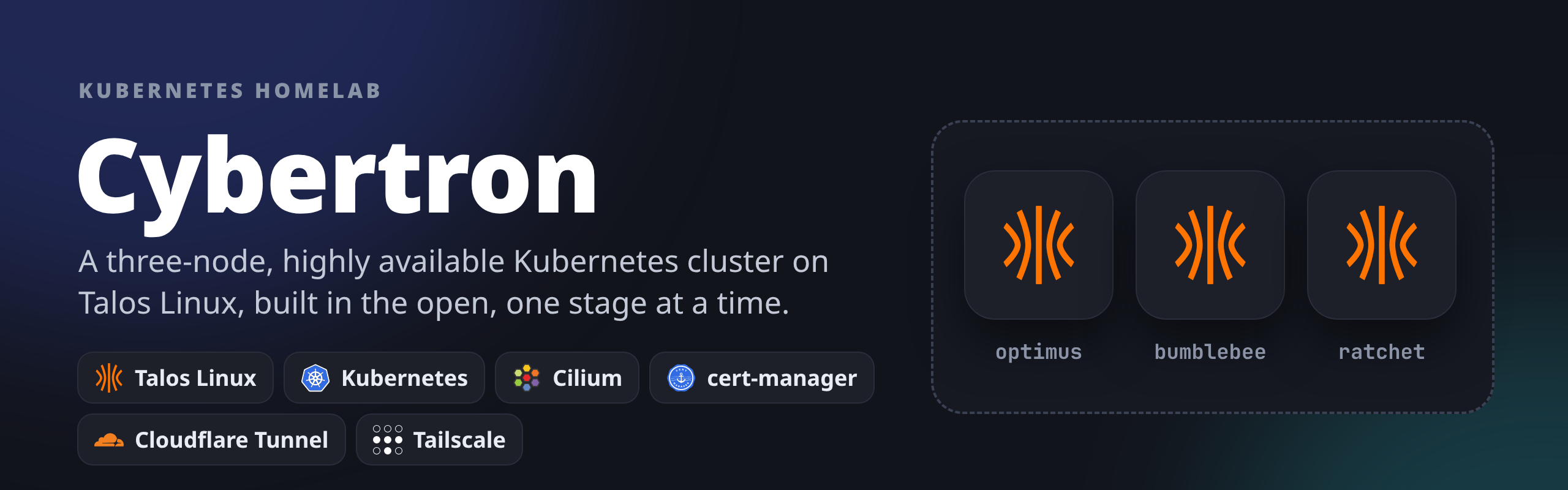 Cybertron: a three-node, highly available Kubernetes cluster on Talos Linux, with Cilium, cert-manager, Cloudflare Tunnel and Tailscale