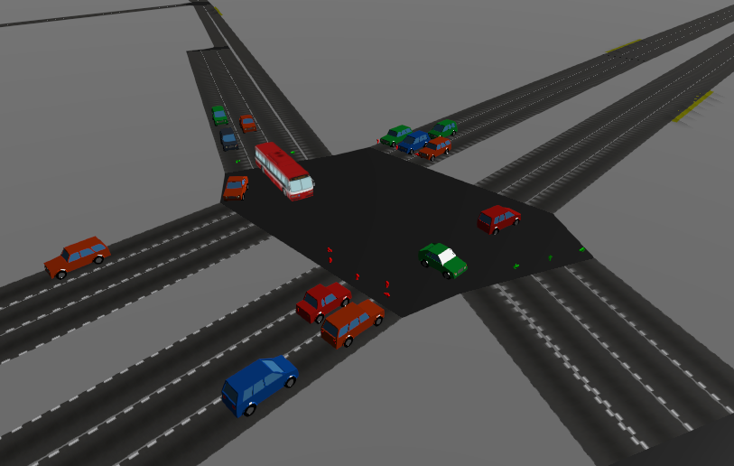 Screenshot of SUMO-Web3D showing an intersection with cars and a bus