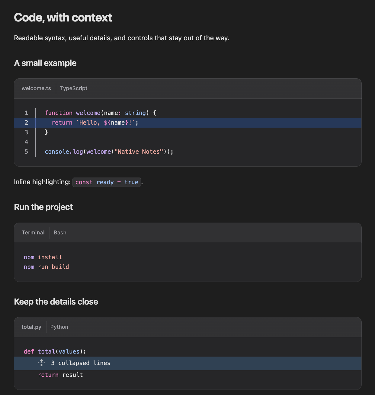Built-in code highlighting with example code and rendered headers