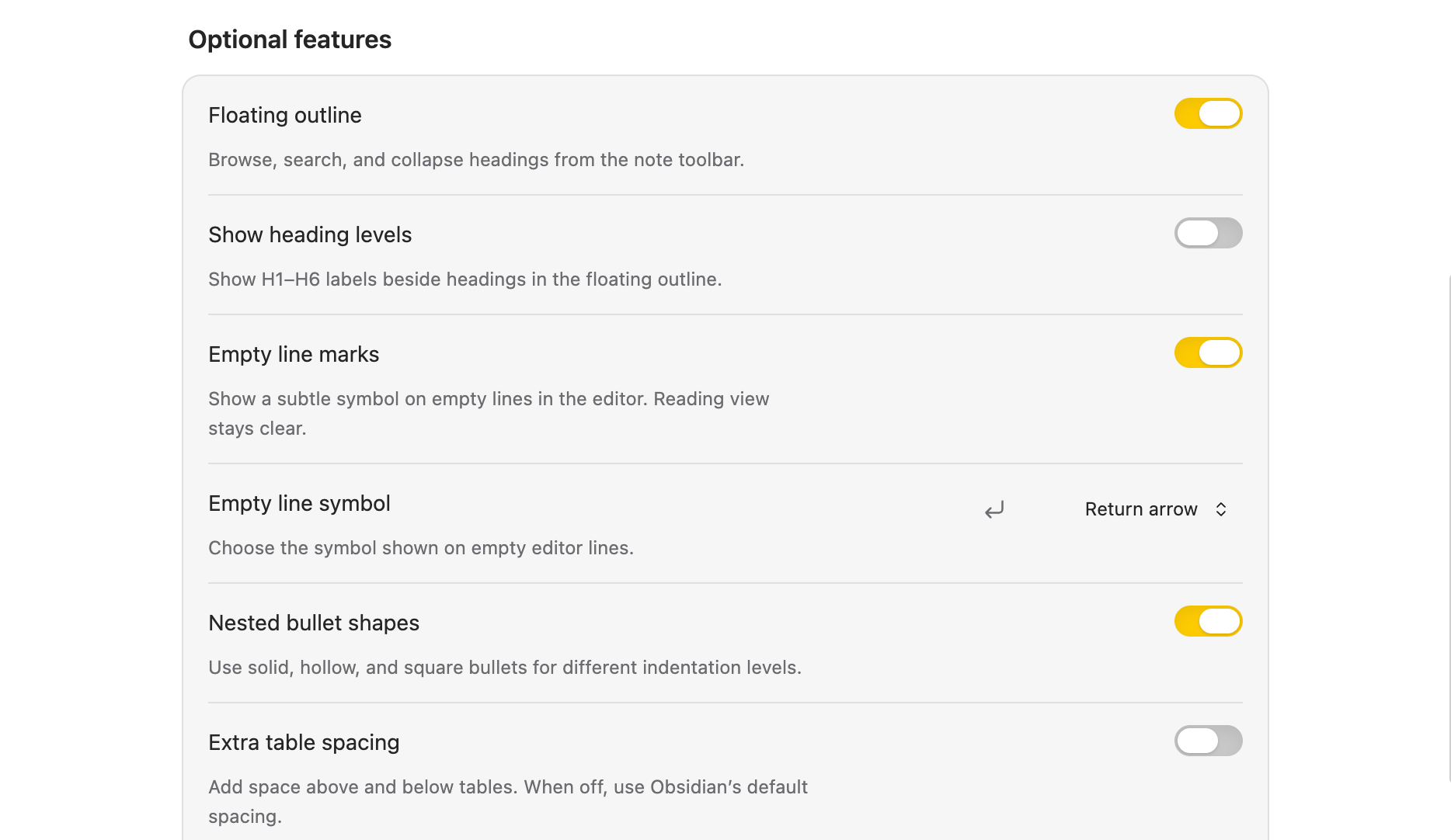 Optional feature settings for the outline, empty-line symbols, nested bullets, and table spacing