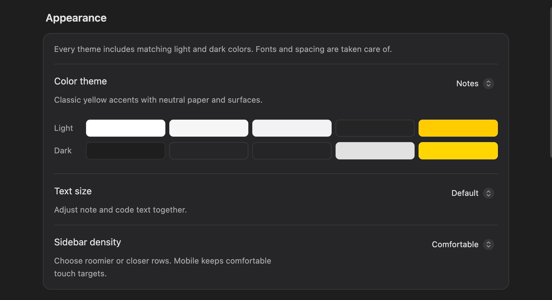 Native Notes screenshot — Appearance settings with the colour theme, light and dark palette previews, text size and sidebar density