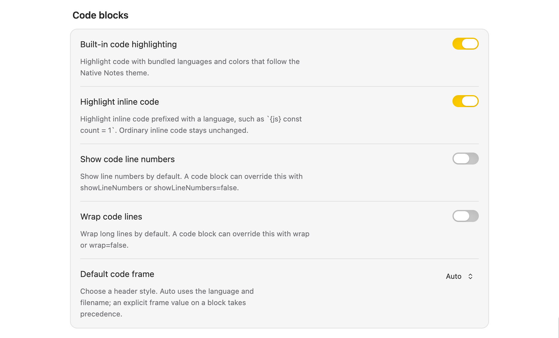 Native Notes screenshot — Code block settings for built in highlighting, inline code, line numbers, wrapping and frame style
