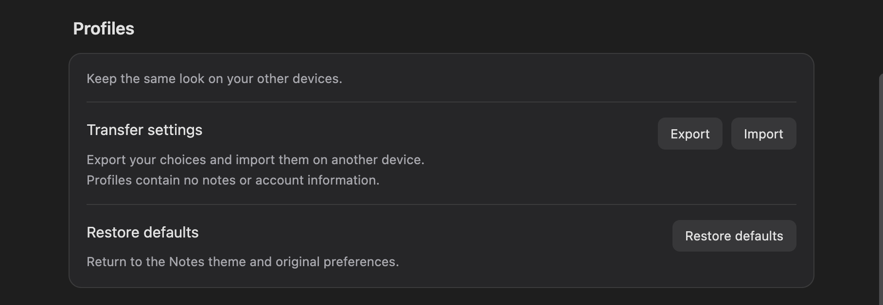 Native Notes screenshot — Profile settings with export, import and restore defaults controls