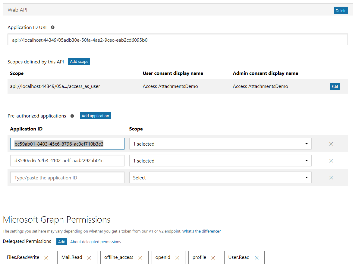 The completed app registration part 2