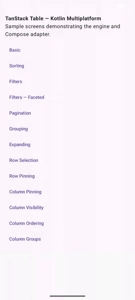 tanstack-table-kmp sample on Android: sorting, filtering, pagination, grouping, row selection