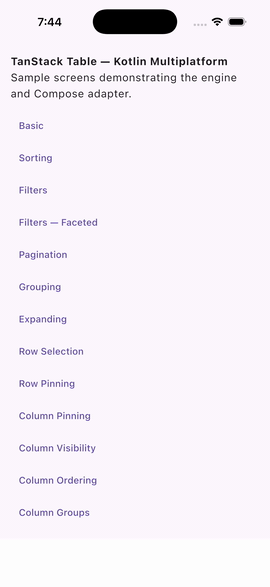 tanstack-table-kmp sample on iOS, from the same Compose Multiplatform code
