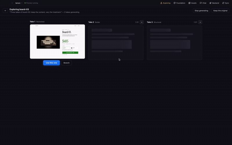 Three versions of a page generating side by side on the canvas, then one is picked and becomes the live page