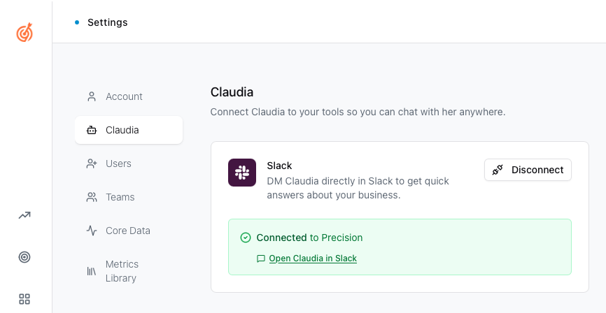 Claudia settings page showing Slack connected