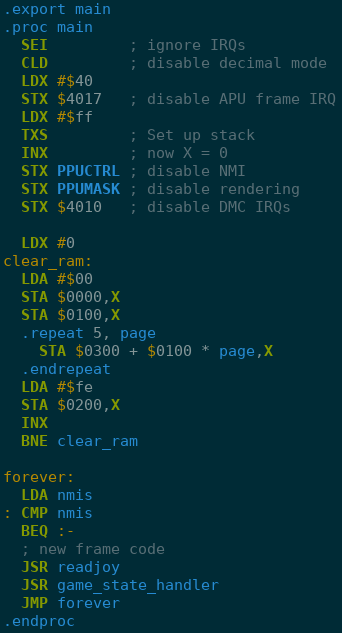 Screenshot showing an ca65 assembly file with font-locking and indentation.