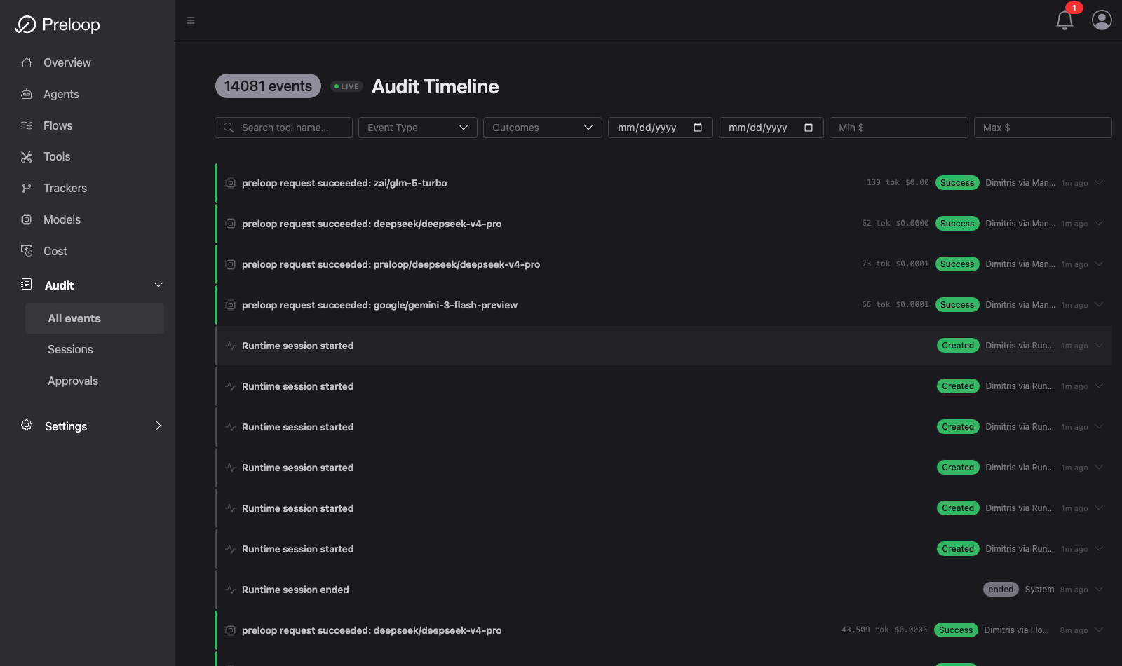Preloop audit log showing governed agent activity
