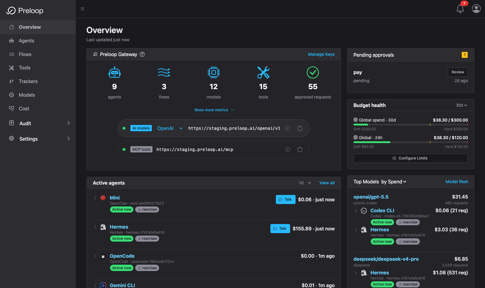 Preloop dashboard with live agent and gateway usage