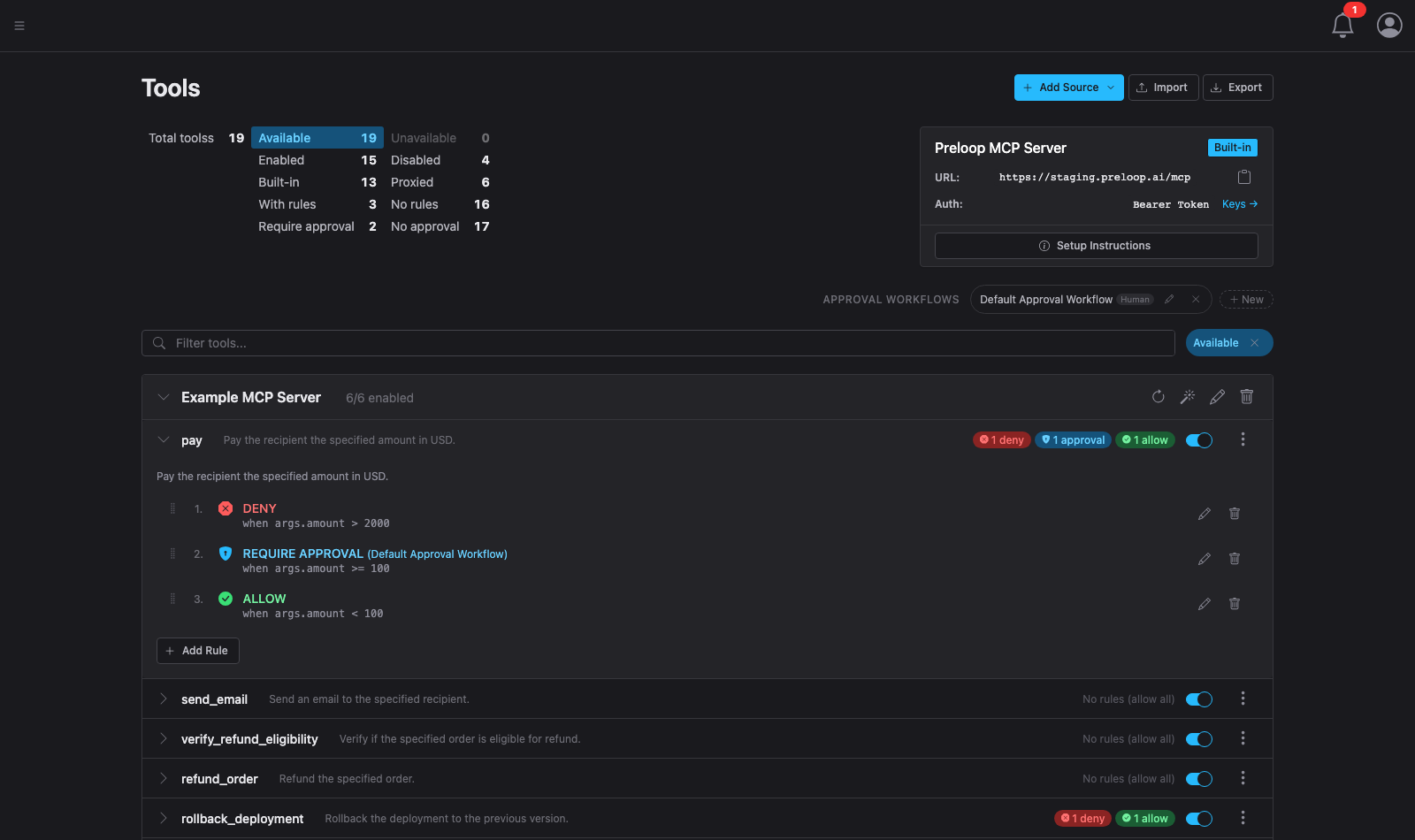 Preloop MCP tool policy rules configured for an example pay tool