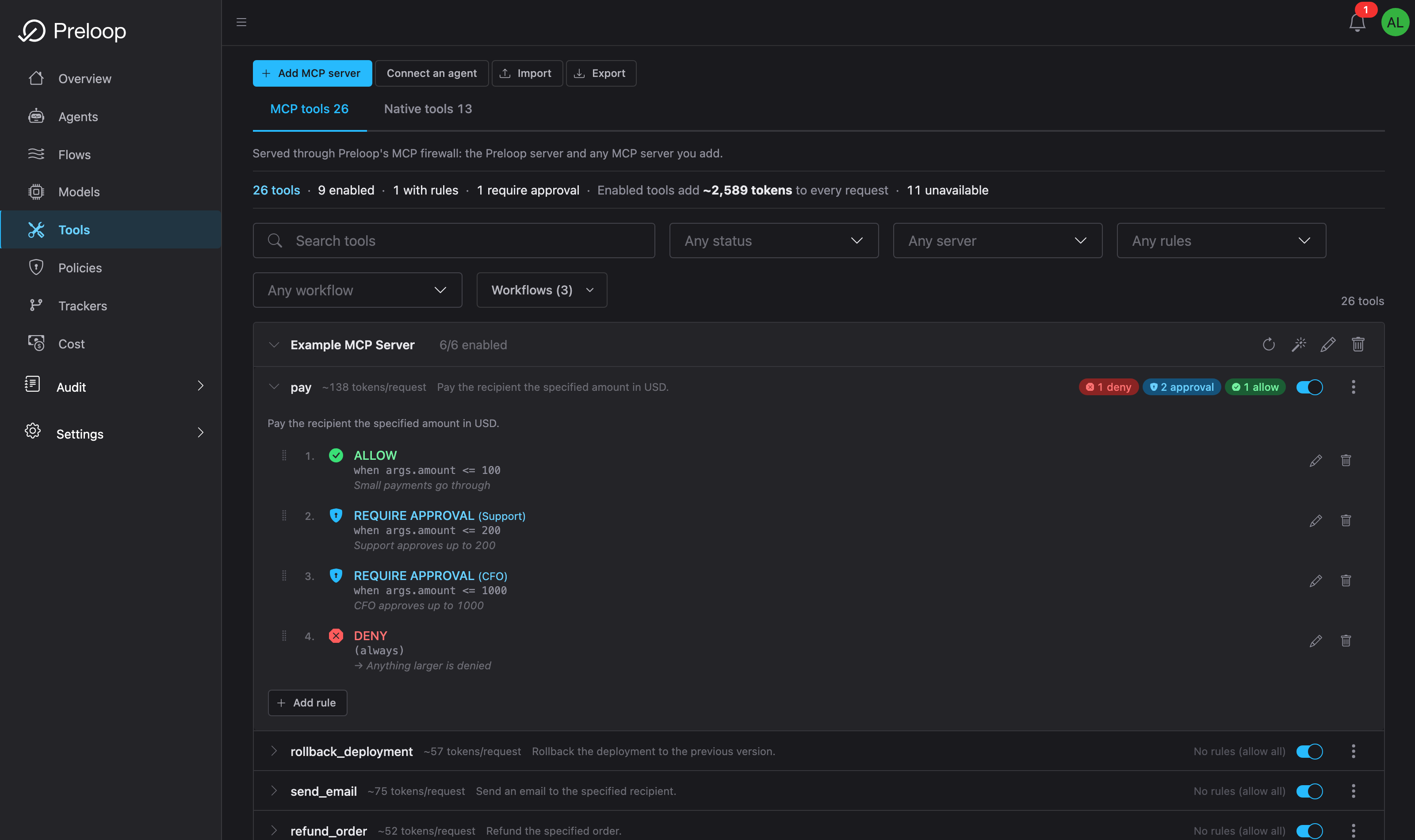 The Preloop tools page with rules on an MCP tool: deny above one threshold, require approval in the middle band, allow below it, each rule written as a CEL expression over the tool arguments