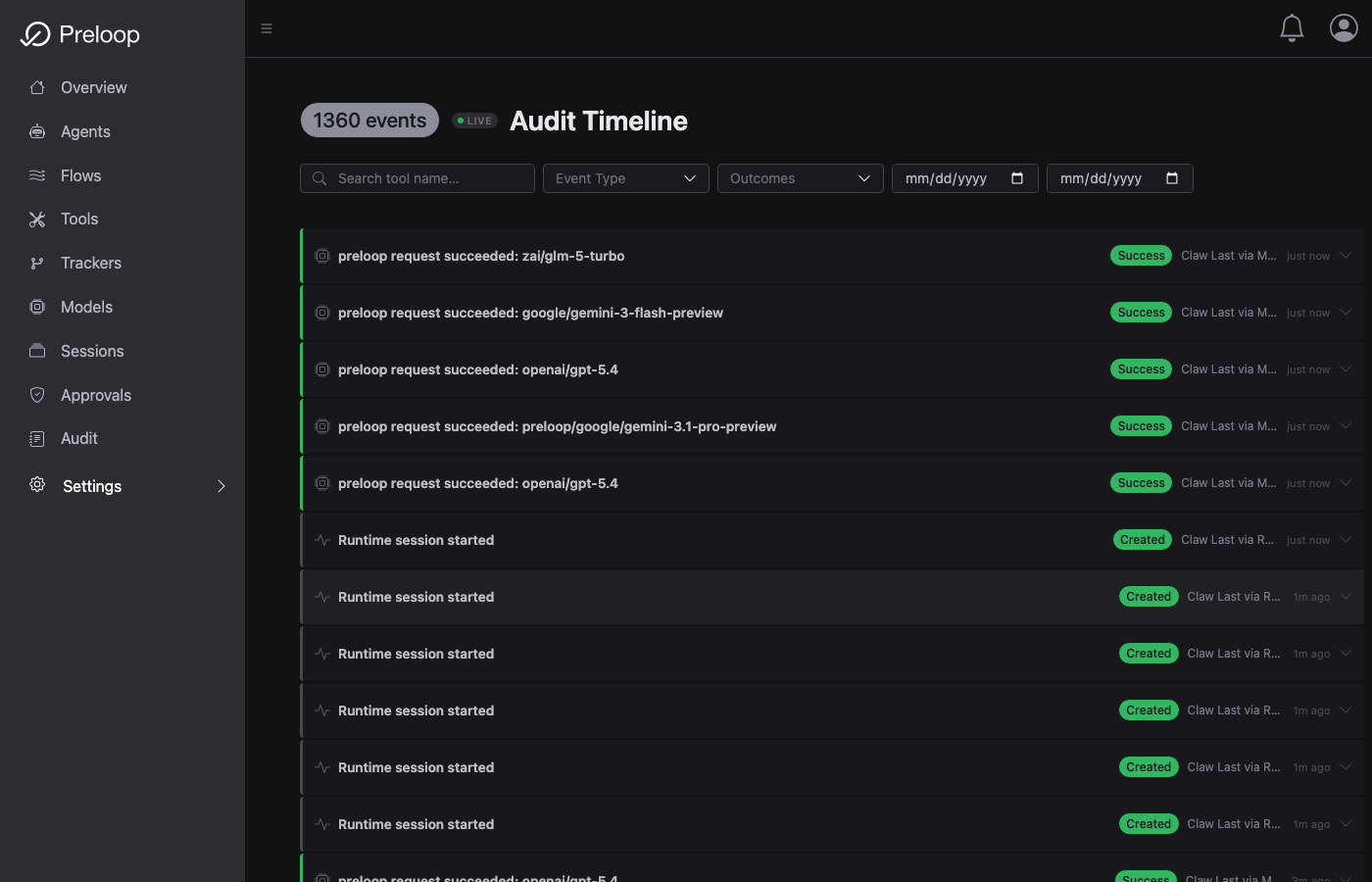 Preloop audit log showing governed agent activity