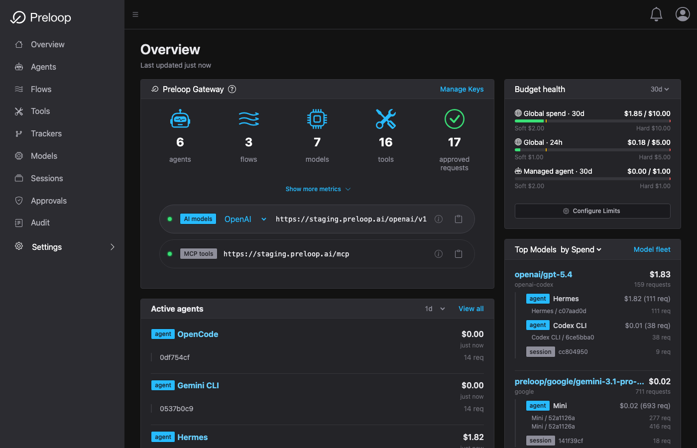 Preloop dashboard with live agent and gateway usage