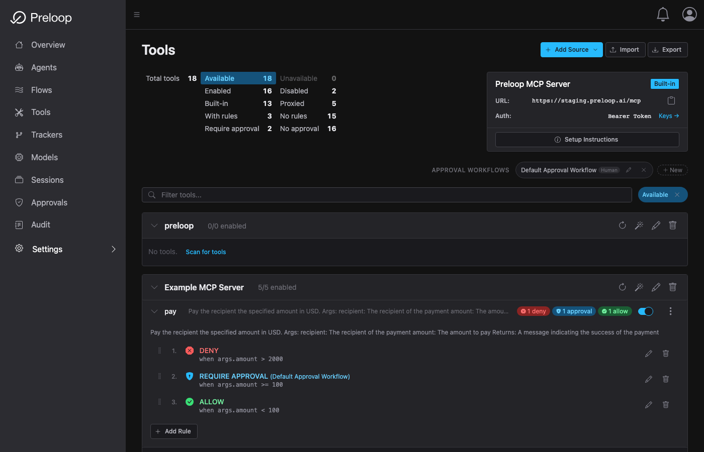 Preloop MCP tool policy rules configured for an example pay tool