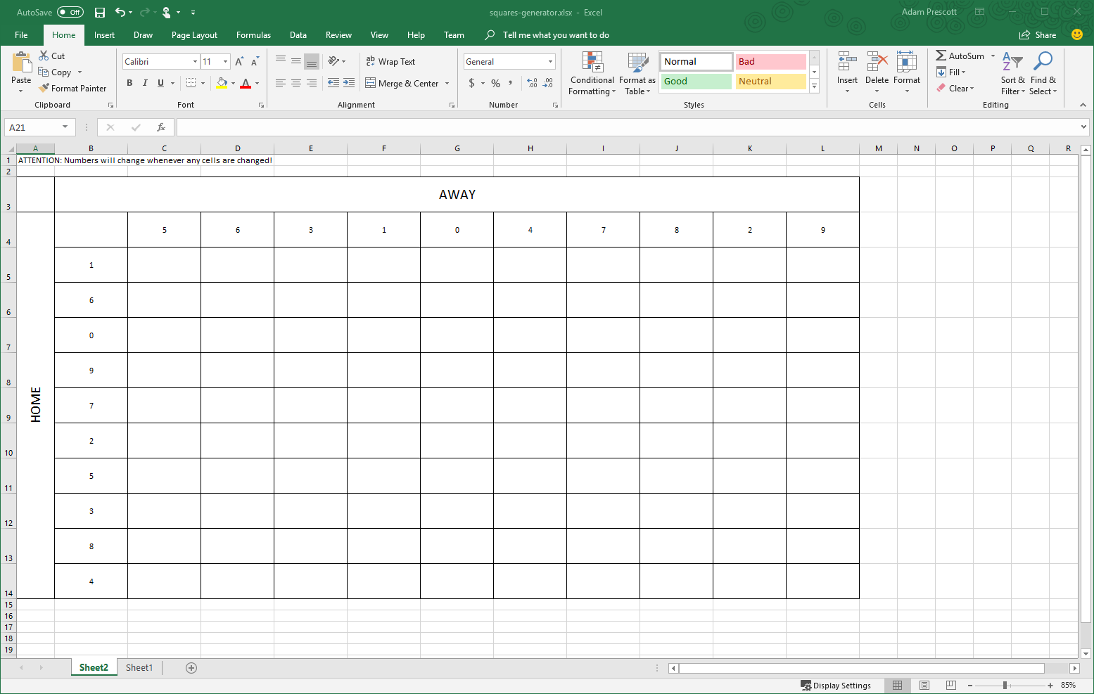 Excel Spreadsheet Football Square Grids