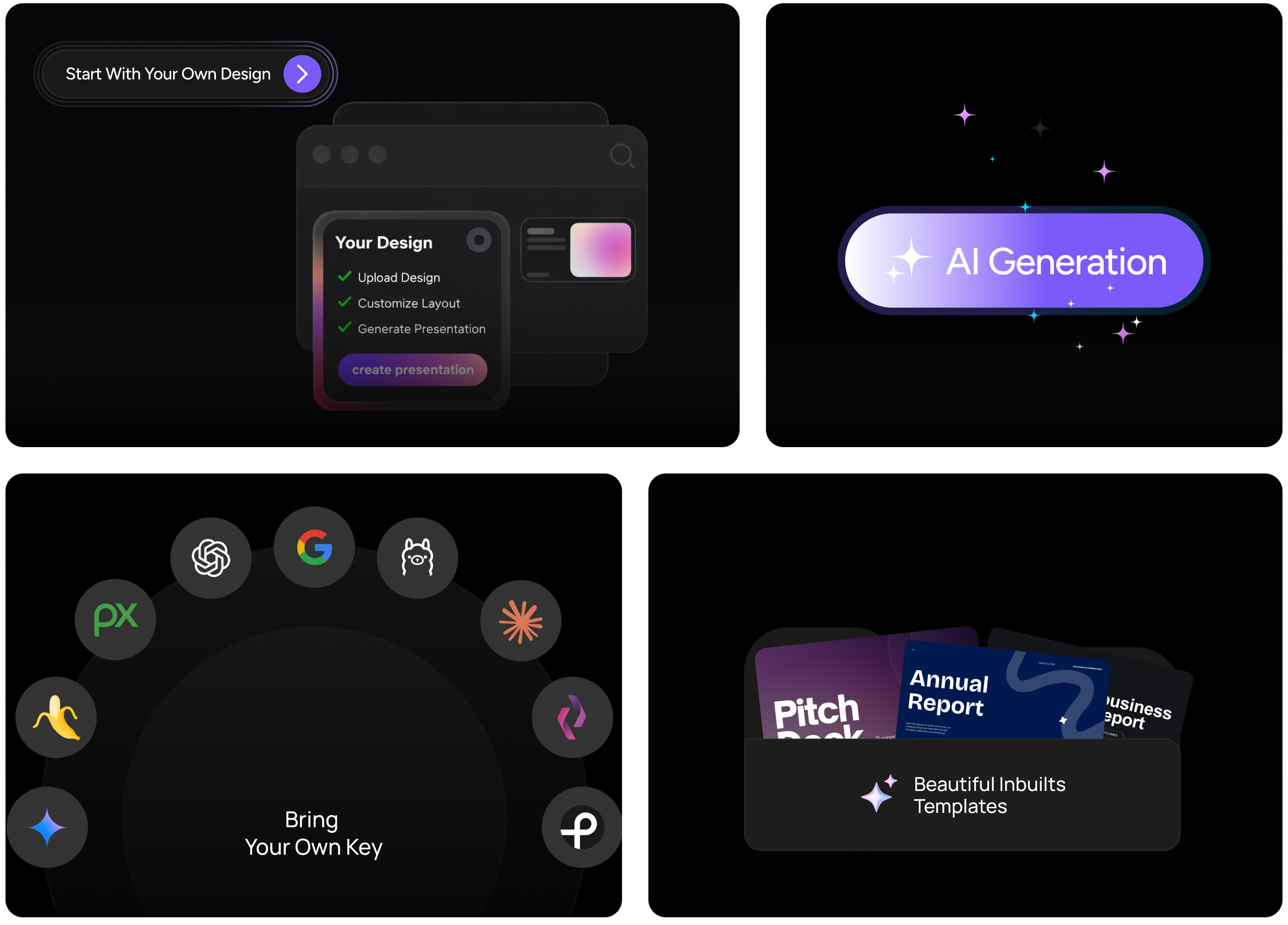 Presenton features: custom designs, AI generation, bring your own API key, and built-in templates