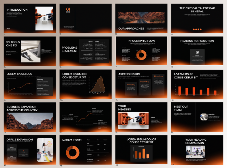 Dynamic AI presentation template with high-contrast creative and visual storytelling slide layouts