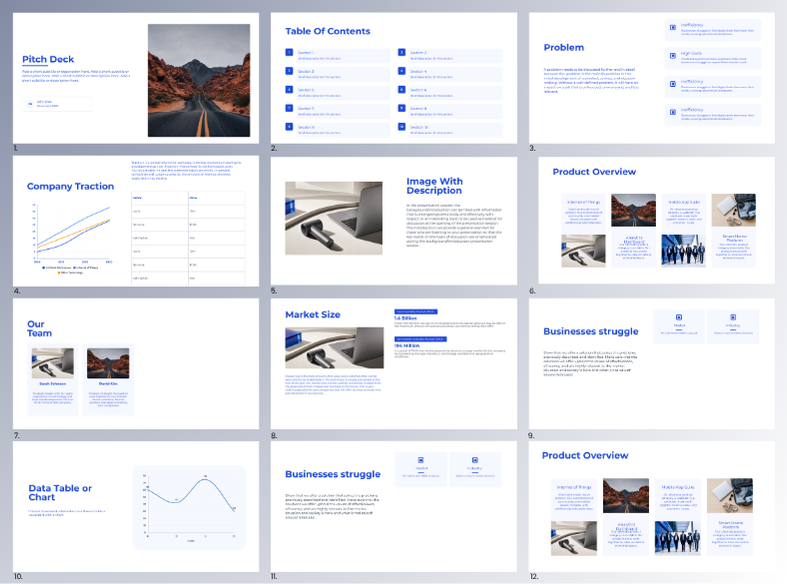Modern pitch deck template with contemporary product, startup, and portfolio slide layouts