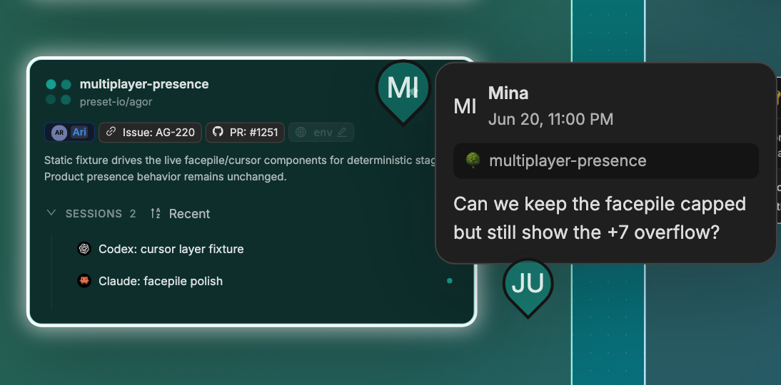 Multiplayer presence with comments on a branch card