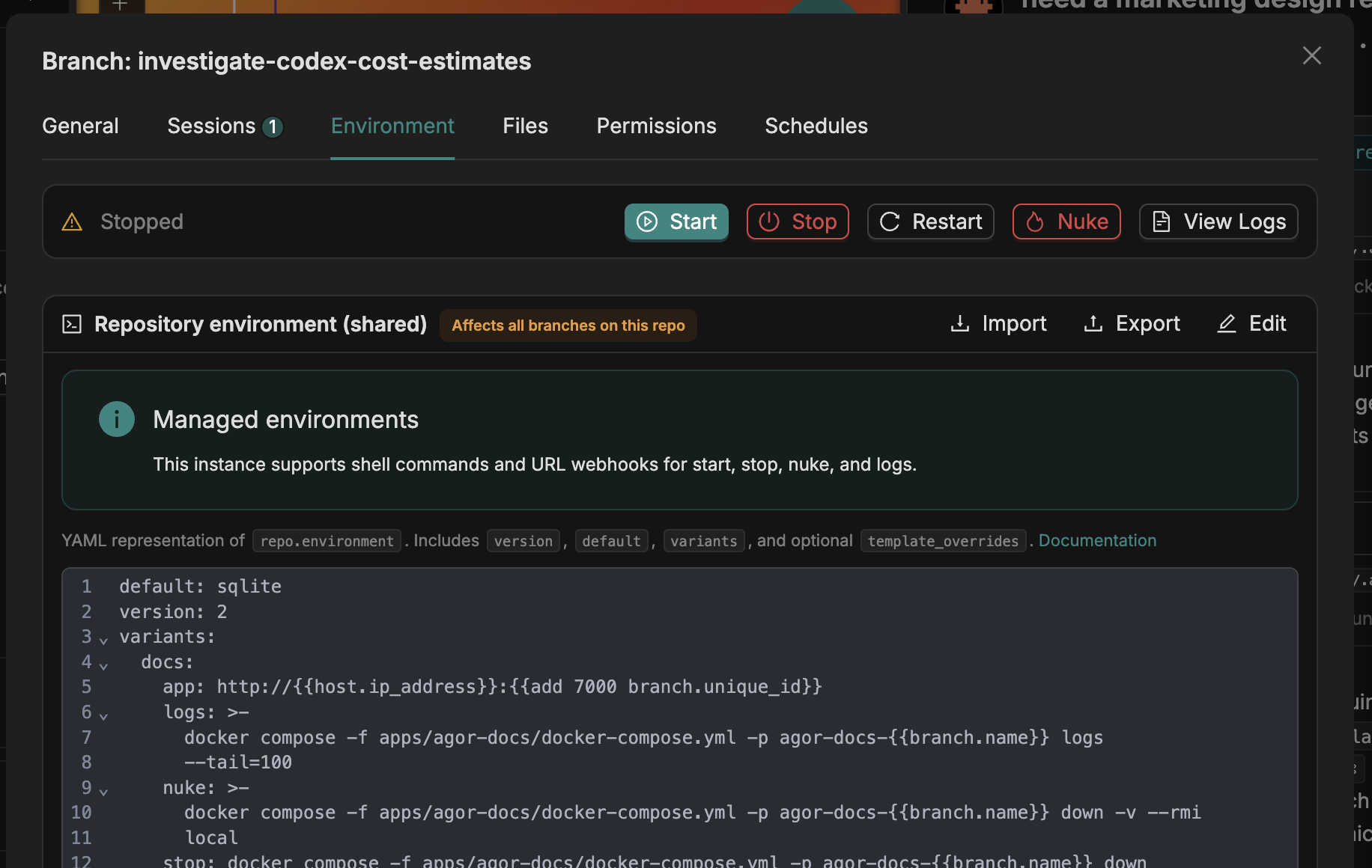 Branch environment configuration