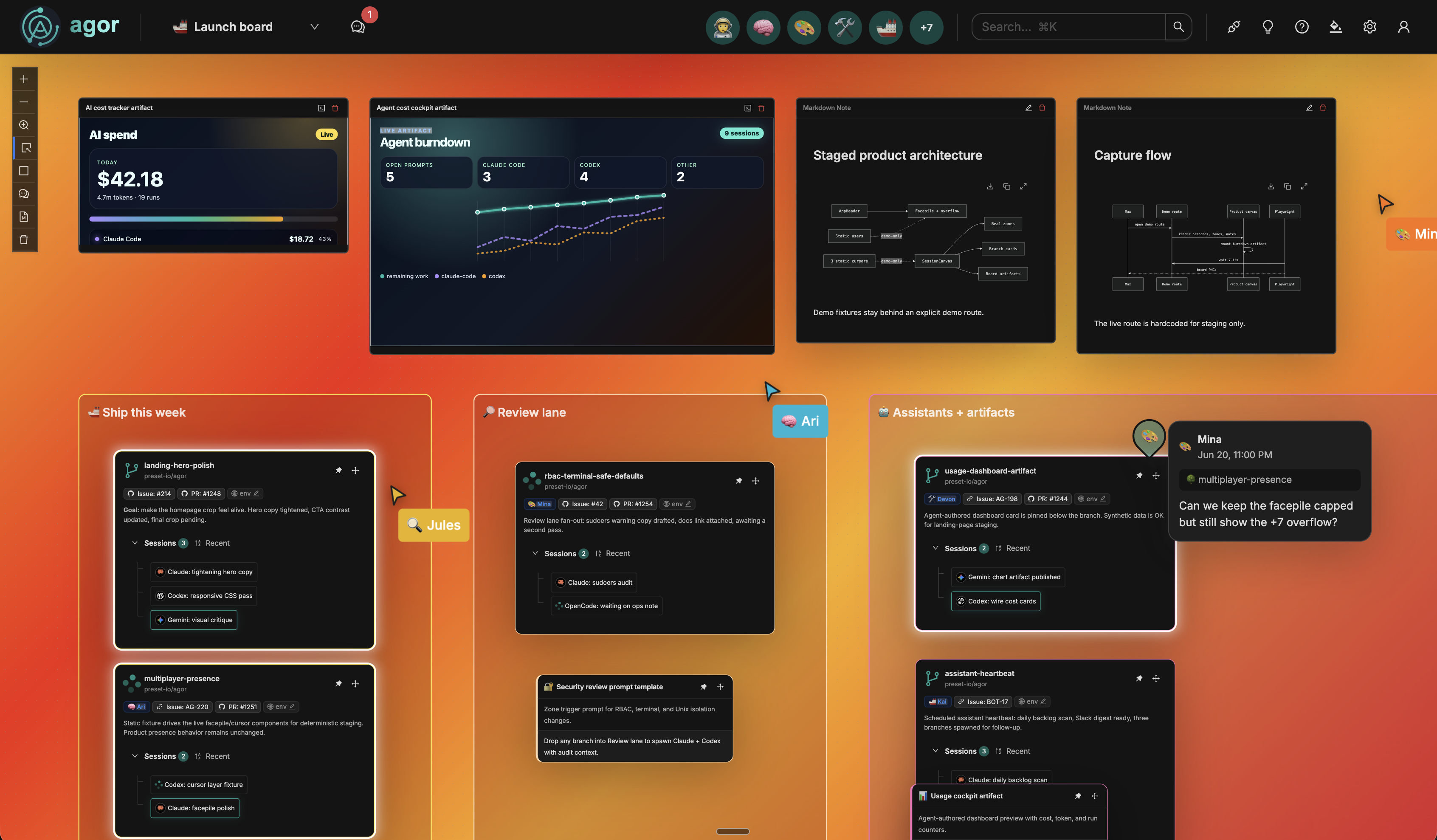 Agor board with live cursors, branch cards, zones, and agent dashboards
