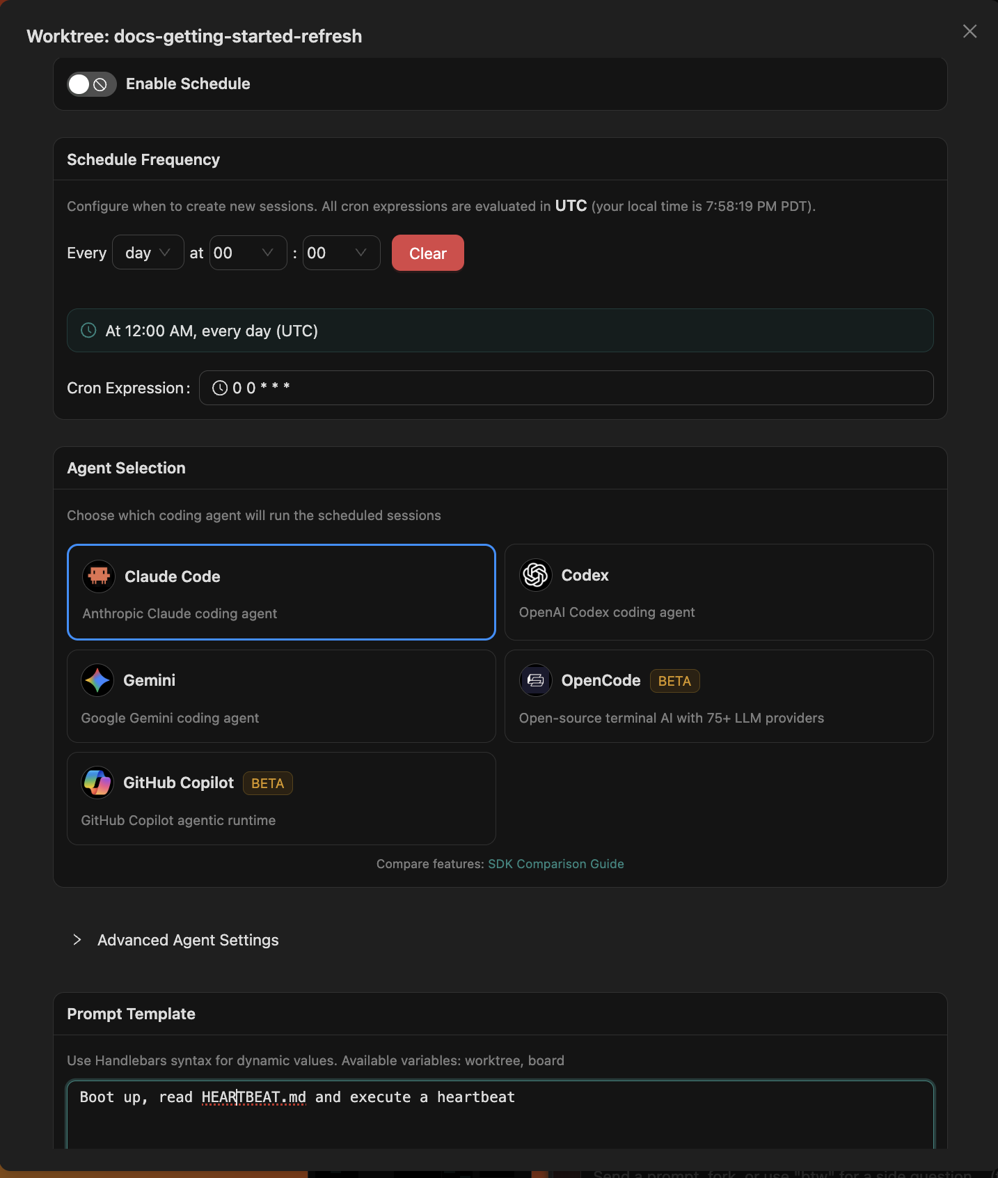 Scheduler configuration modal