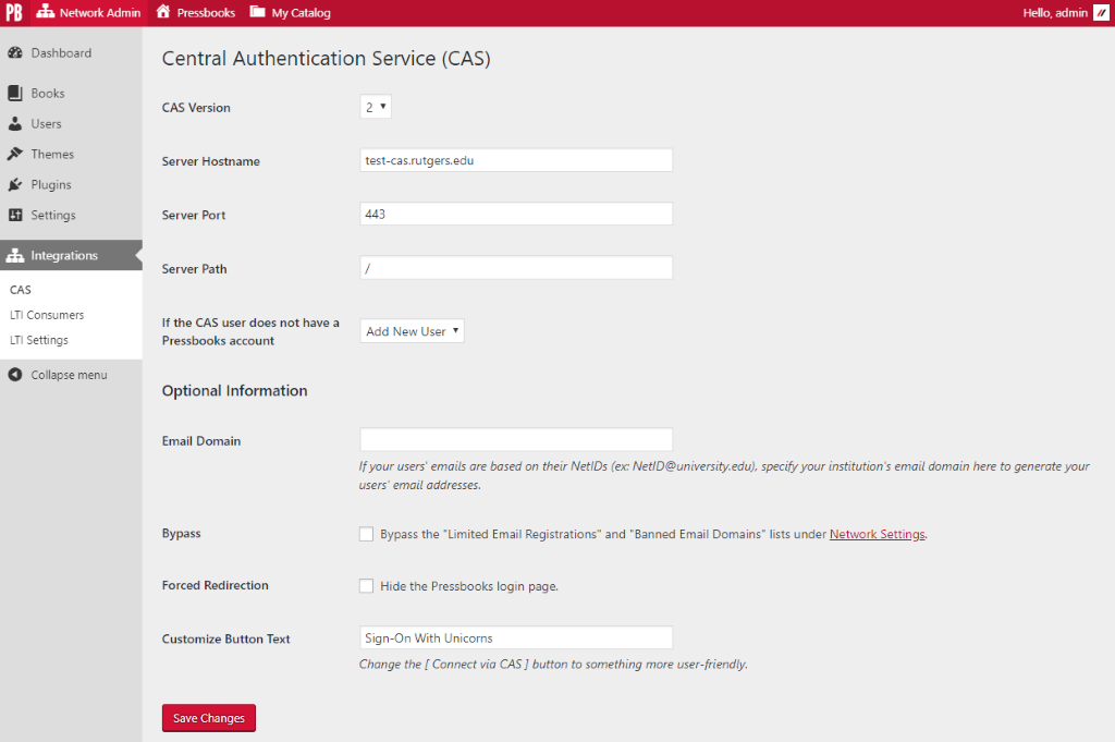 Pressbooks CAS Administration.